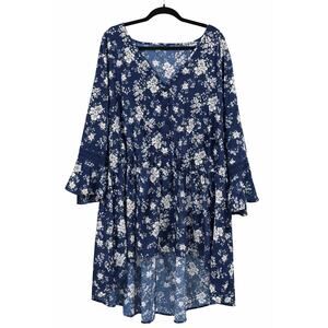 Womens Boho Cottagecore Blue Floral High Low Tunic Top Bell Sleeve Lace Trim